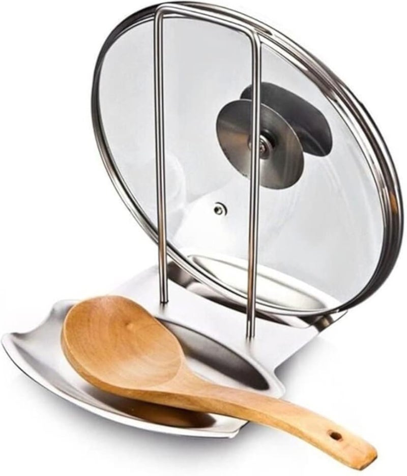 Stainless Steel Spoon Holder & Pot Lid Organizer - Kitchen Storage Rack for Stove, Soup Ladle Rest, and Lid Cover Holder - Space-Saving Kitchen Tool (Silver)